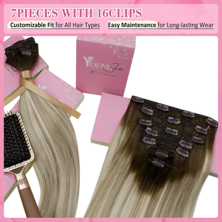 YoungSee Echthaar Extensions Clip Balayage Clip in Extensions Echthaar Braun Blond 35cm Extensions C