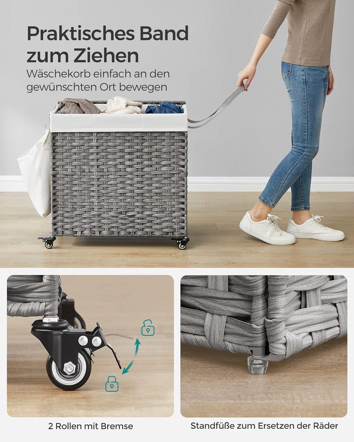 SONGMICS 140L Wäschekorb handgeflochten, Wäschesammler mit Deckel, mit 3 Fächern, faltbar, mit Räder