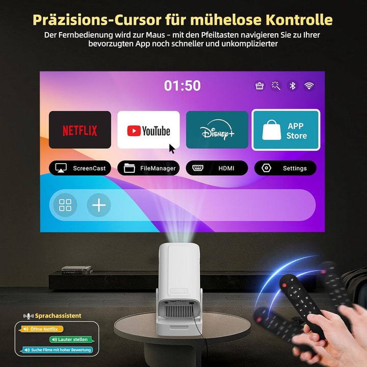 Beamer Full HD 1080P Mini Beamer 4K, Auto Trapezkorrektur, Mini Projector 180°Dreh Videoprojektor Un