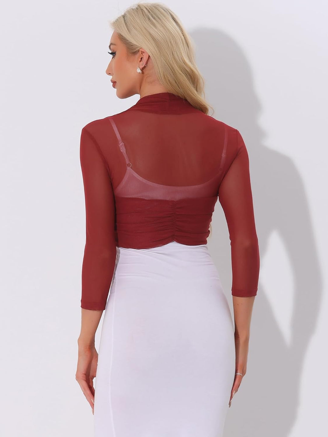 Allegra K Damen Bolero Festlich 3/4 Ärmel Rüschen Mesh Durchsichtig Crop Strickjacke Shrug Boleros X