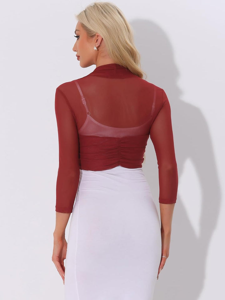 Allegra K Damen Bolero Festlich 3/4 Ärmel Rüschen Mesh Durchsichtig Crop Strickjacke Shrug Boleros S