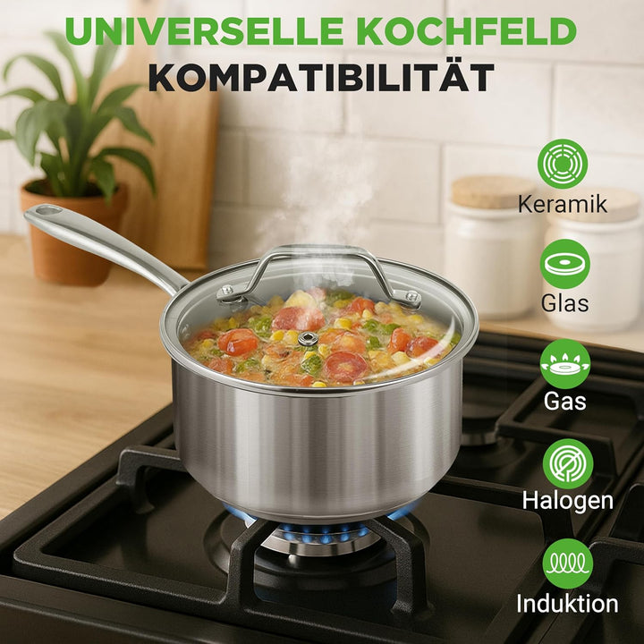 NutriChef Stielkasserolle, 16cm/2L, Antihaftbeschichtet mit Glasdeckel, für Induktion, Alle Herdarte
