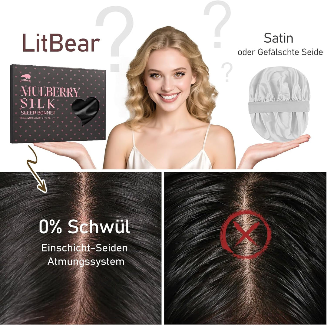 LitBear 22 Momme Seidenhaube zum Schlafen - Schlafmütze aus 100% Maulbeerseide, 100% Silk Bonnet mit