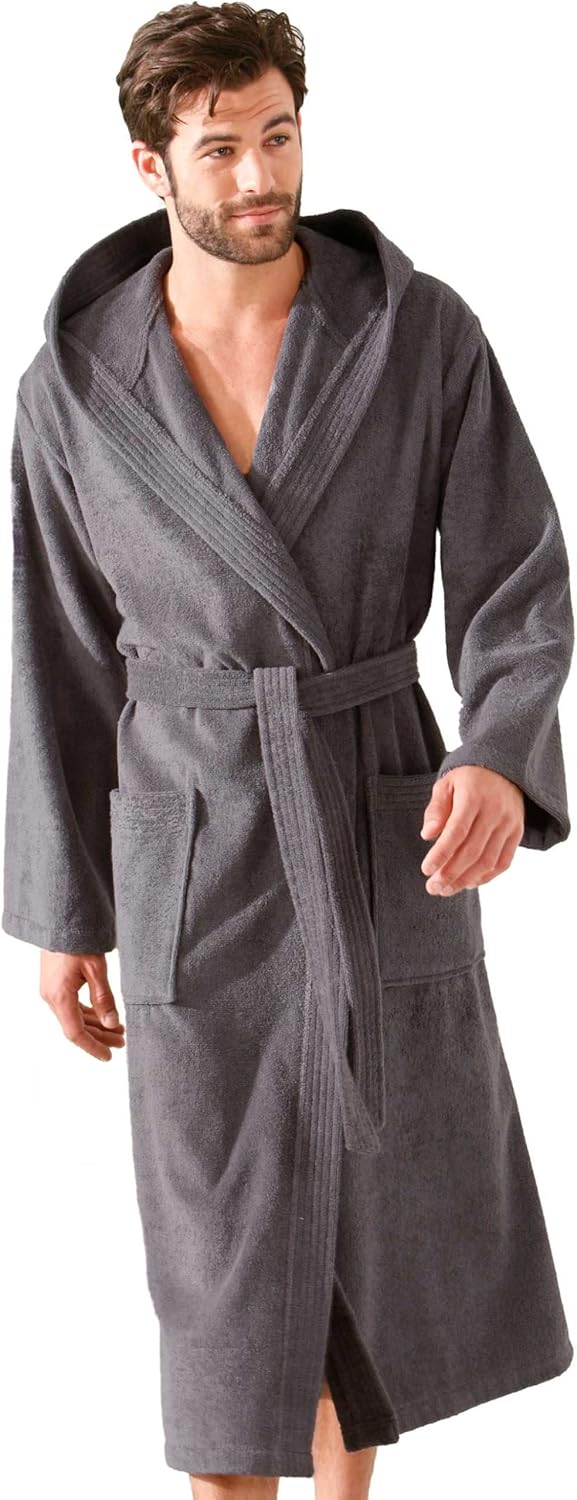 Morgenstern Bademantel Herren Kapuze Frottee 100% Baumwolle Lang Cadiz Salamanca L Grau, L Grau