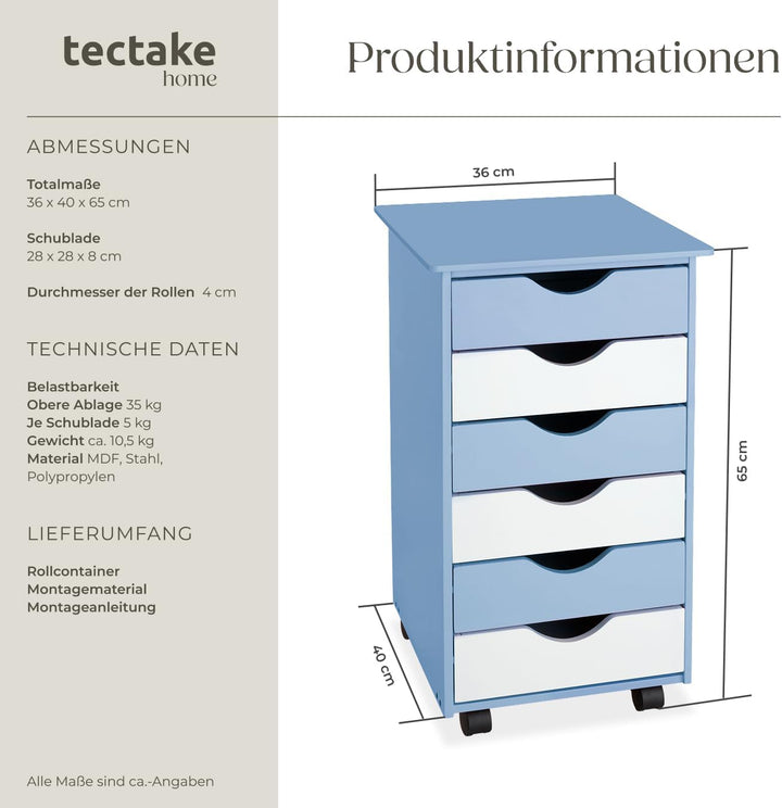TecTake 800055 Rollcontainer mit Rollen und 6 Schubladen - diverse Farben - (Blau | Nr. 400925), Bla