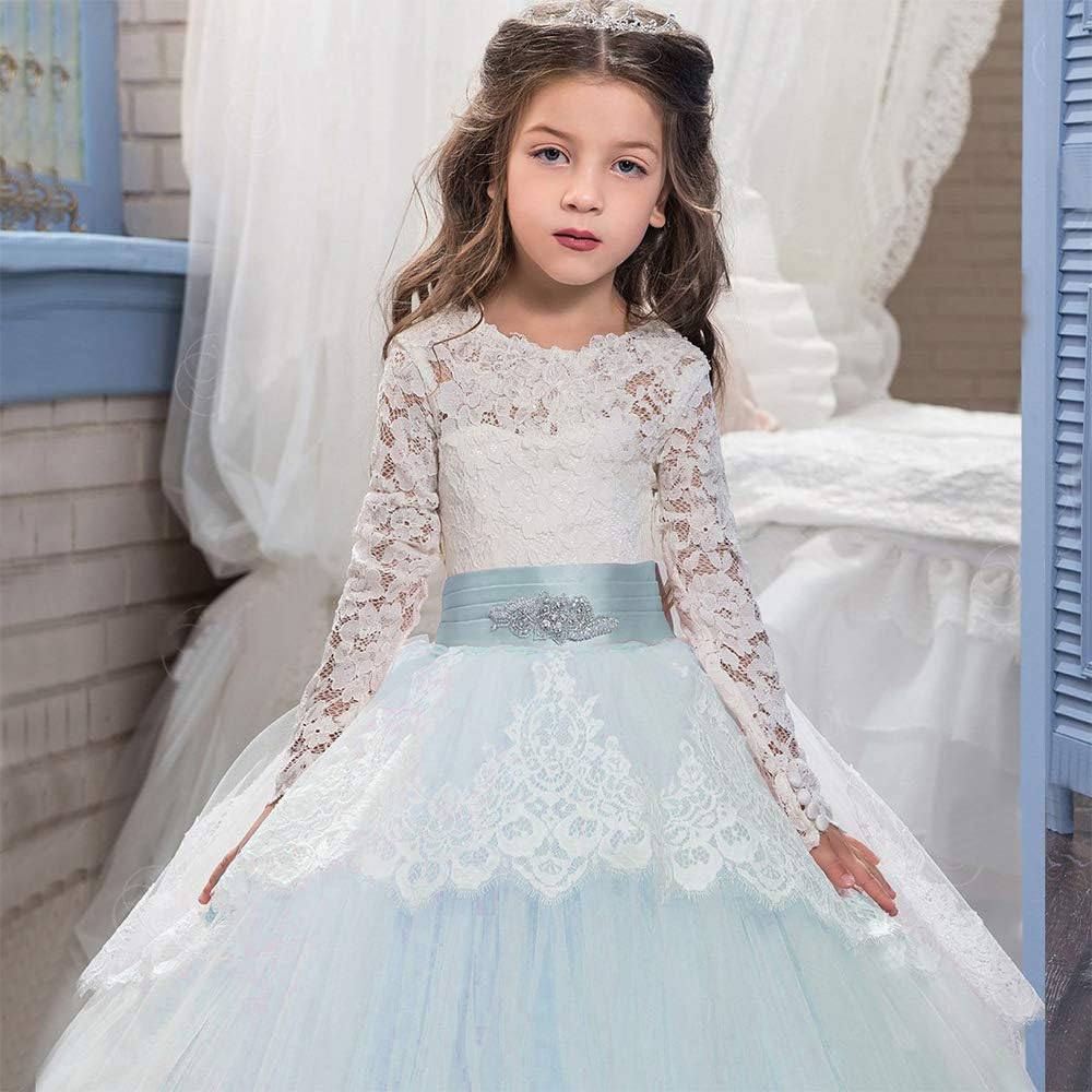 PLWEDDING Spitze Lange Ärmel Blumenmädchen Kleid Prinzessin Tüll Kleid für Kinder Erstkommunion Klei