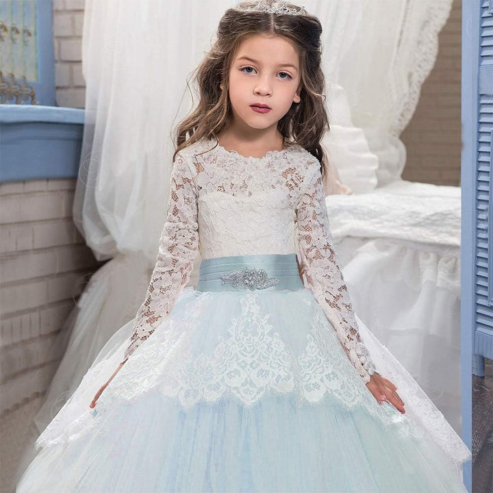 PLWEDDING Spitze Lange Ärmel Blumenmädchen Kleid Prinzessin Tüll Kleid für Kinder Erstkommunion Klei