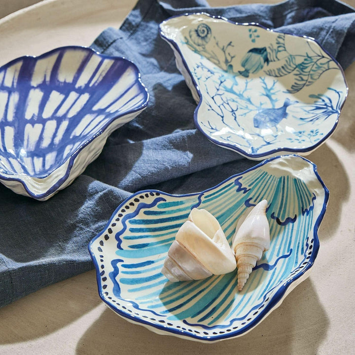 Loberon Schale 3er Set Allarmont, von Hand bemalt, maritimes Flair, Muschelstruktur auf der Untersei