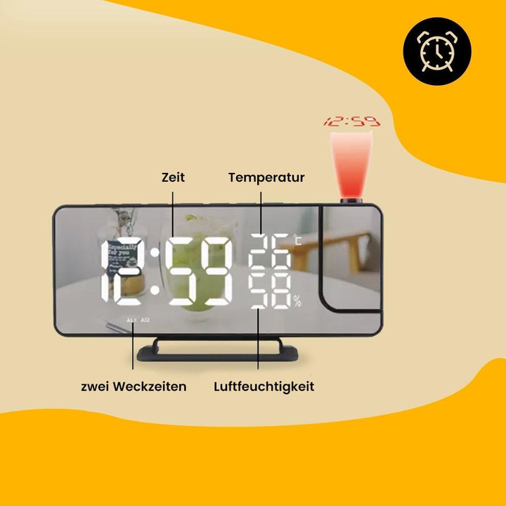 Schwarzer Wecker mit Led-Display, Doppelalarm, Schlummerfunktion, USB-Anschluss und Temperatursensor