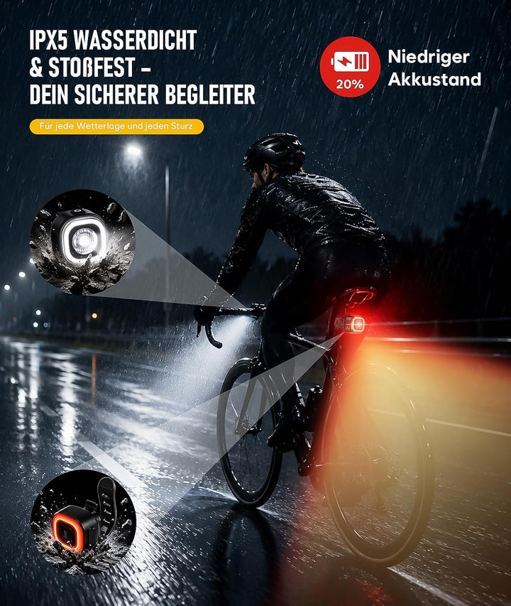 Fahrradlicht Set, LED Fahrradbeleuchtung Set mit Smart Bremslichtfunktion Rücklicht, StVZO-zugelasse