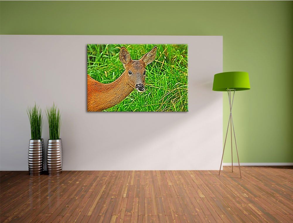 Reh beim Fressen, Format: 100x70 auf Leinwand, XXL riesige Bilder fertig gerahmt mit Keilrahmen, Kun