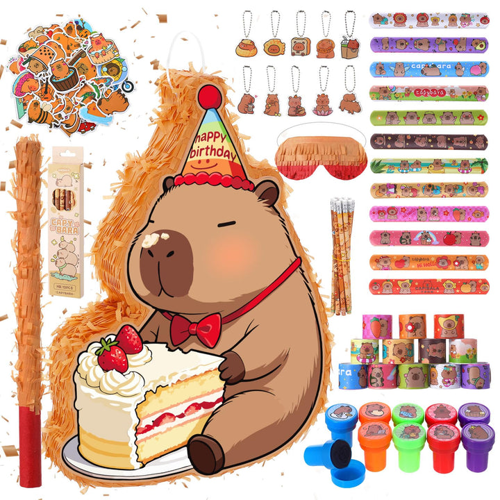 Pinata Geburtstag Capybara mit Stab&Maske für Mädchen und Jungs,Capybara Pinata Set mit 96 Füllungen