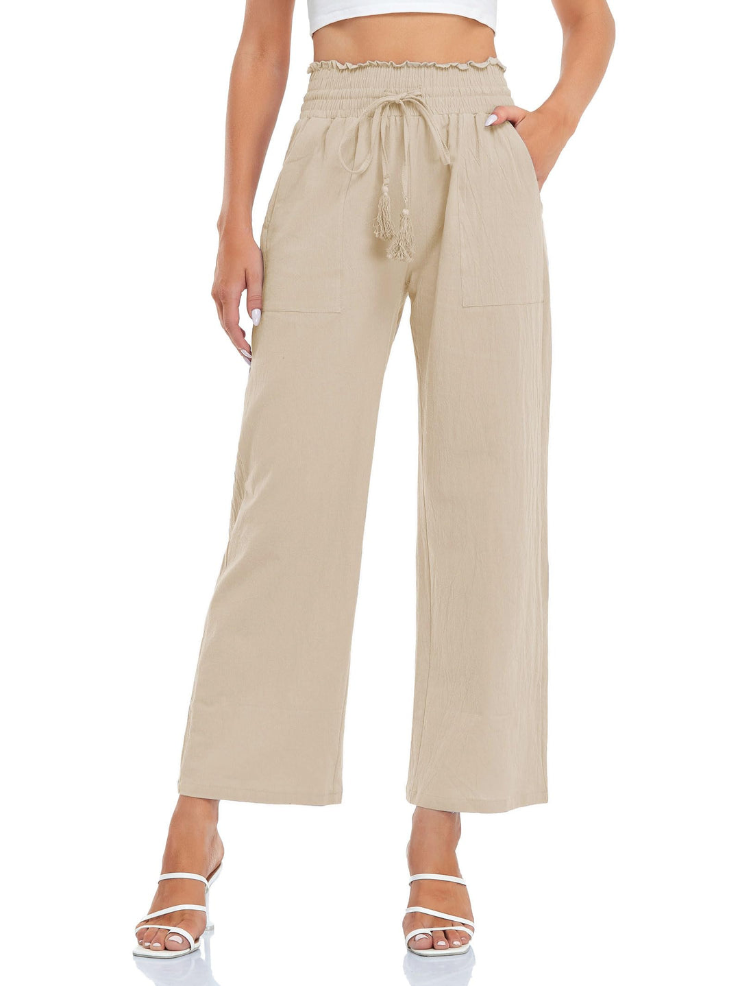 Famulily Leinenhose Damen Sommer Weites Bein High Waist Palazzo Freizeithose Stoffhose Yogahose Mit