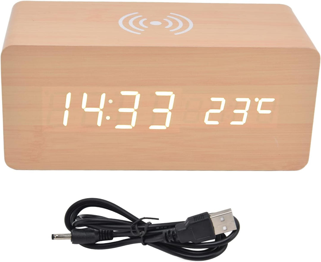 Digitaler Holzwecker, Radiowecker 12/24 Stunden LED-Elektronische Uhr mit Schneller Drahtloser Lades