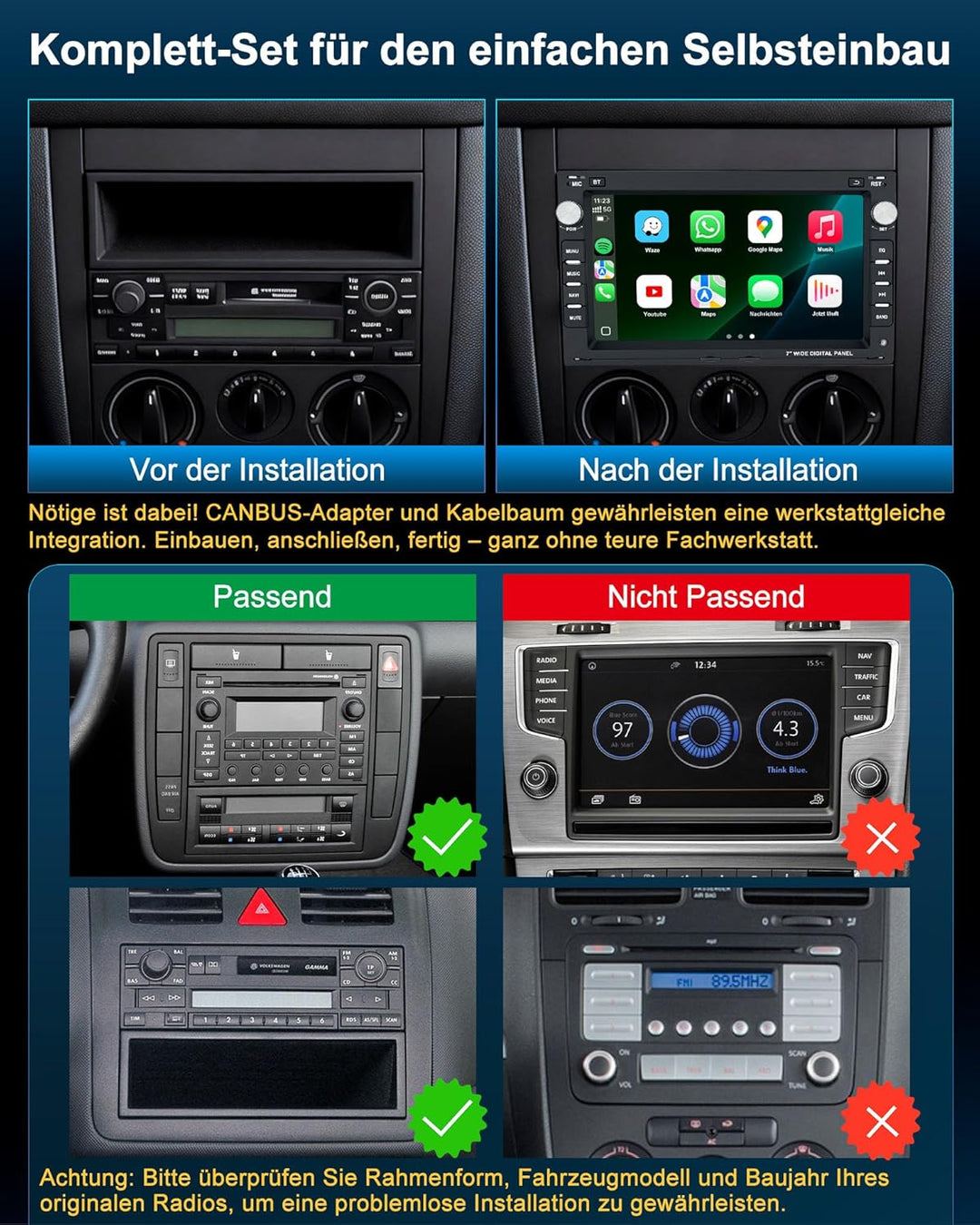 Autoradio mit Bildschirm 2+64G Bluetooth Radio für VW Golf 4 Polo 9N T5 Passat B5 Seat Skoda, 2DIN 7