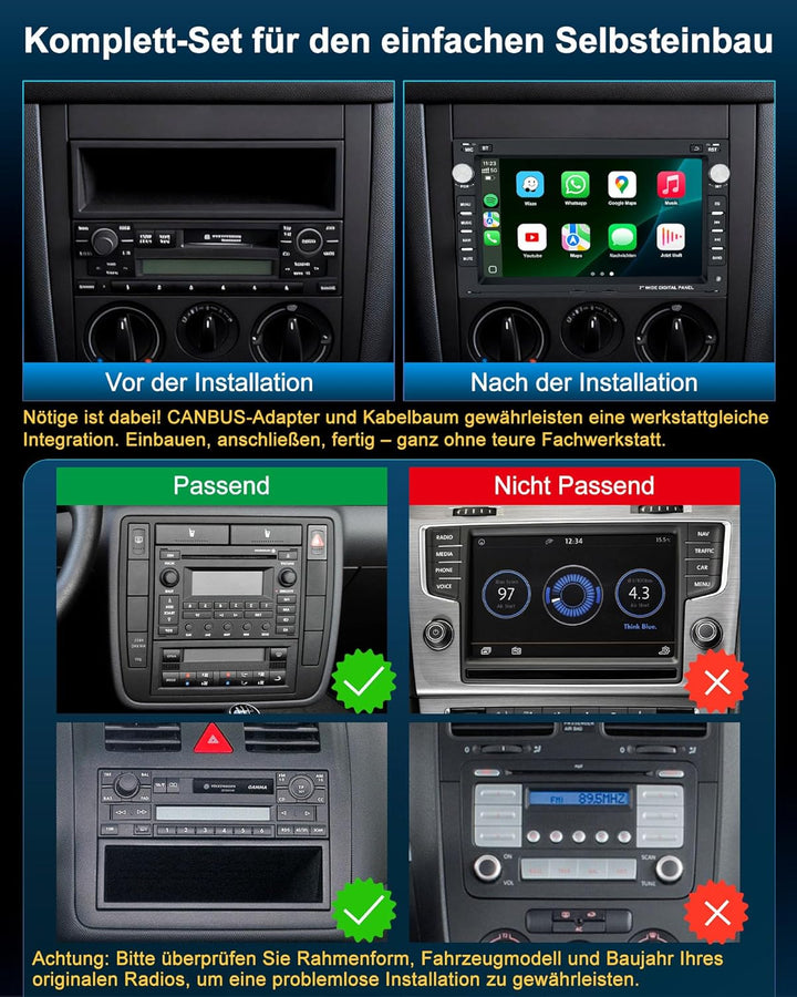 Autoradio mit Bildschirm 2+64G Bluetooth Radio für VW Golf 4 Polo 9N T5 Passat B5 Seat Skoda, 2DIN 7
