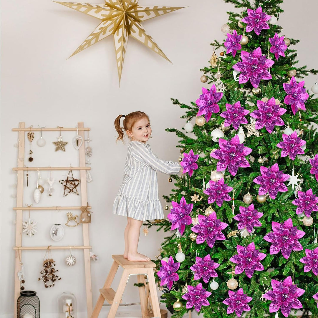 24 Weihnachten Künstliche Glitzer Weihnachtsstern Blumen Künstlich Weihnachtsblumen Hochzeit Dekorat