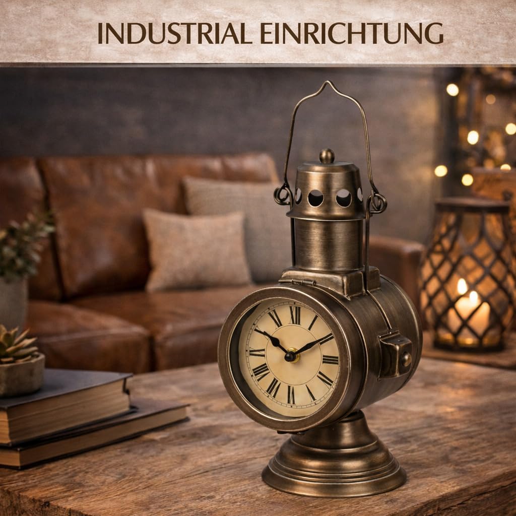 formano Metall Standuhr Vintage im Grubenlampen Design Tischuhr 32 cm im Industrial Stil, Quarz Lauf