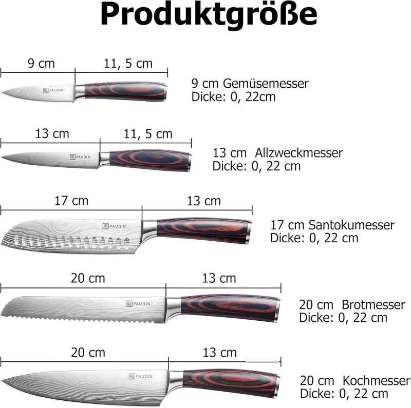 PAUDIN Küchenmesser Set, 5-teilig Küchenmesserset aus hochwertigem Carbon Edelstahl, Ultra Scharfes