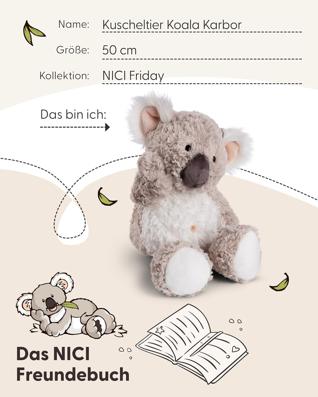 NICI Kuscheltier Koala Karbor 50cm grau - Stofftier aus weichem Plüsch, niedliches Plüschtier zum Ku