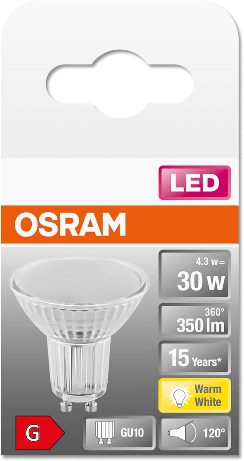 OSRAM PAR16 LED Reflektorlampe mit GU10 Sockel, Warmweiss (2700K), Glas Spot, 4.3W, Ersatz für 50W-R