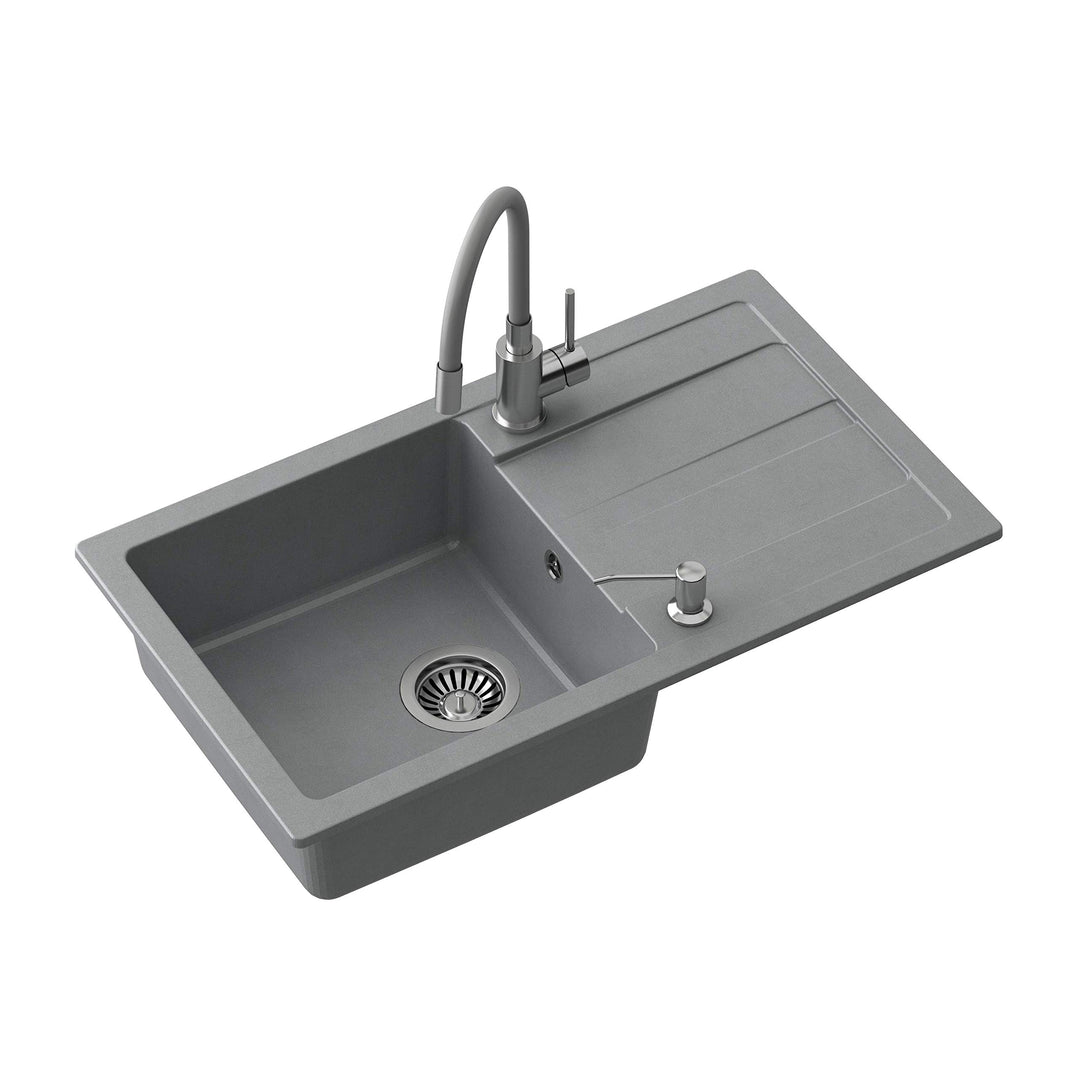 VBChome Spülbecken mit Armatur 77 x 44 cm Grau Granit Einzelbecken Einbauspüle Abtroffläche gesprenk