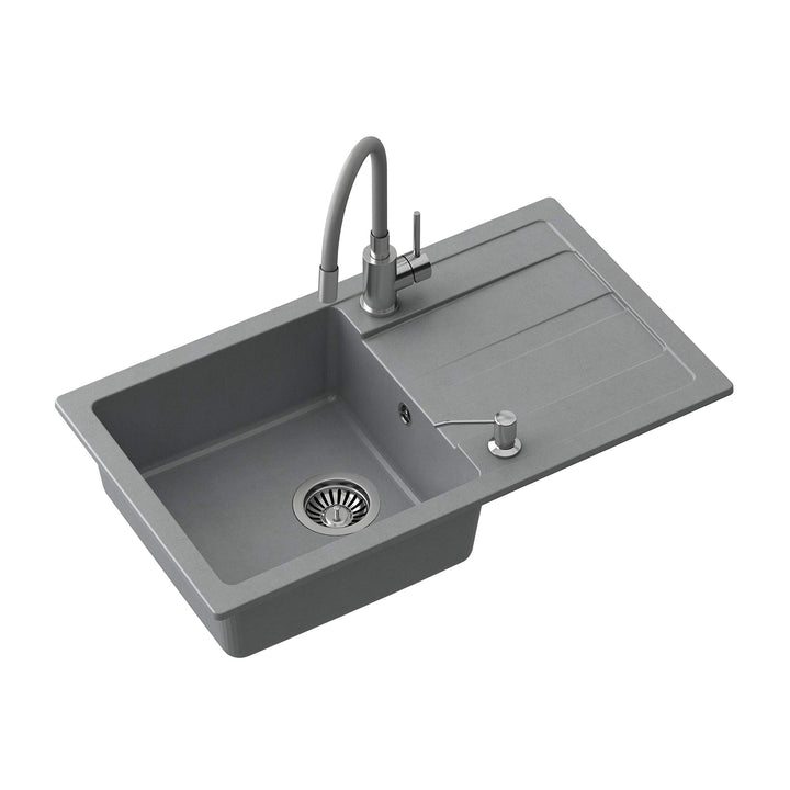 VBChome Spülbecken mit Armatur 77 x 44 cm Grau Granit Einzelbecken Einbauspüle Abtroffläche gesprenk