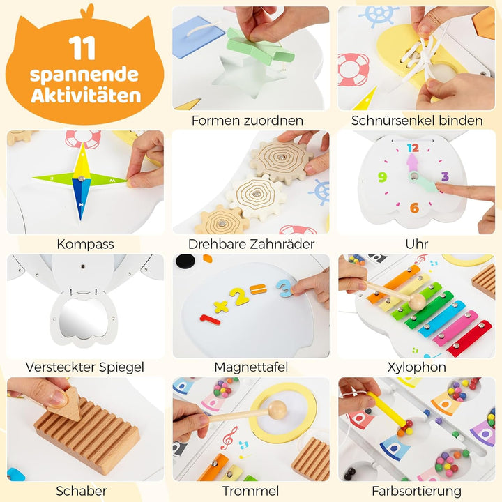 DREAMADE Montessori Busy Board, Motorikbrett aus Holz mit Blöcken & Xylophon & Zahnrädern & Uhr, Mon