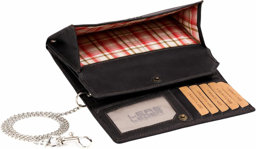 LEAS Grosse Bikerbörse Langbörse mit Chrom-Kette im Vintage-Stil MCL in Echt-Leder, schwarz Chain-Se