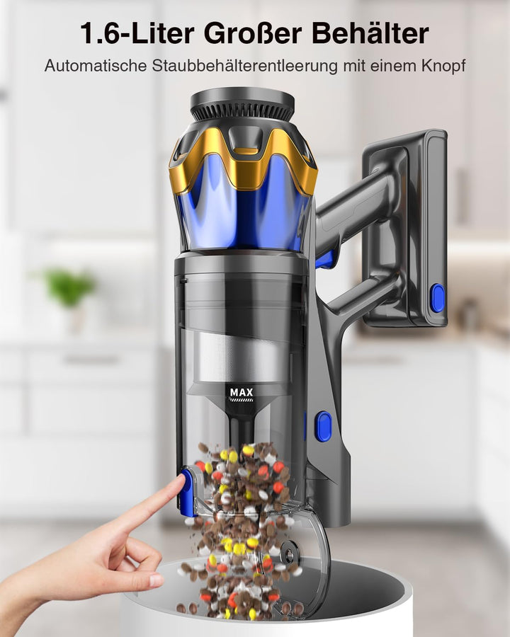 Akku Staubsauger 48000Pa/580W/65Min, 1,8L Staubsauger Kabellos mit Display, Anti-Tangle-Bürste, Selb