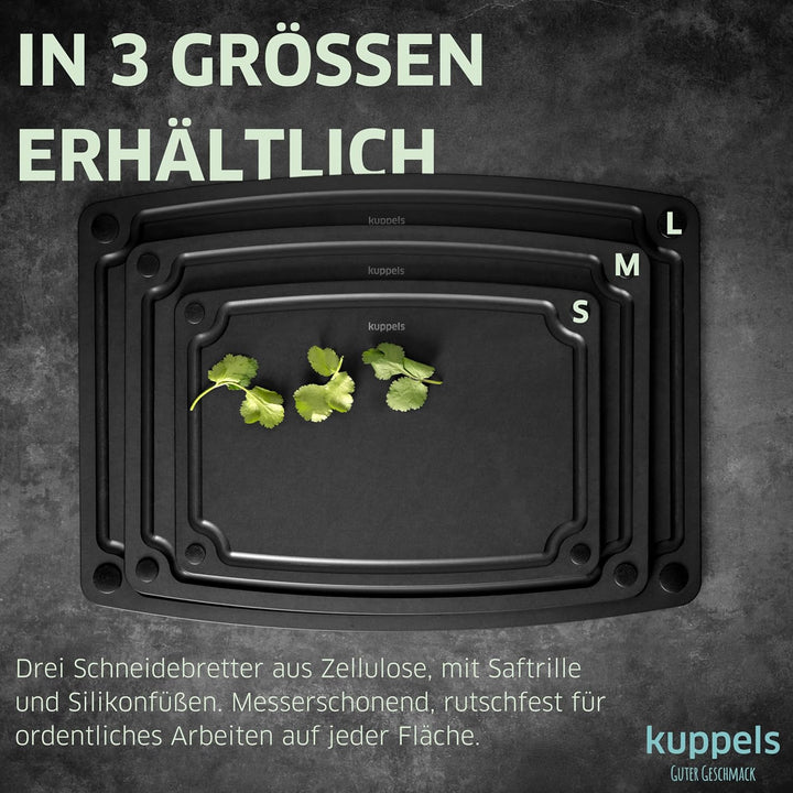Kuppels NERO Holzfaser Schneidebrett ohne Plastik Gross, Küchenbrett mit Saftrille und Silikonfüssen