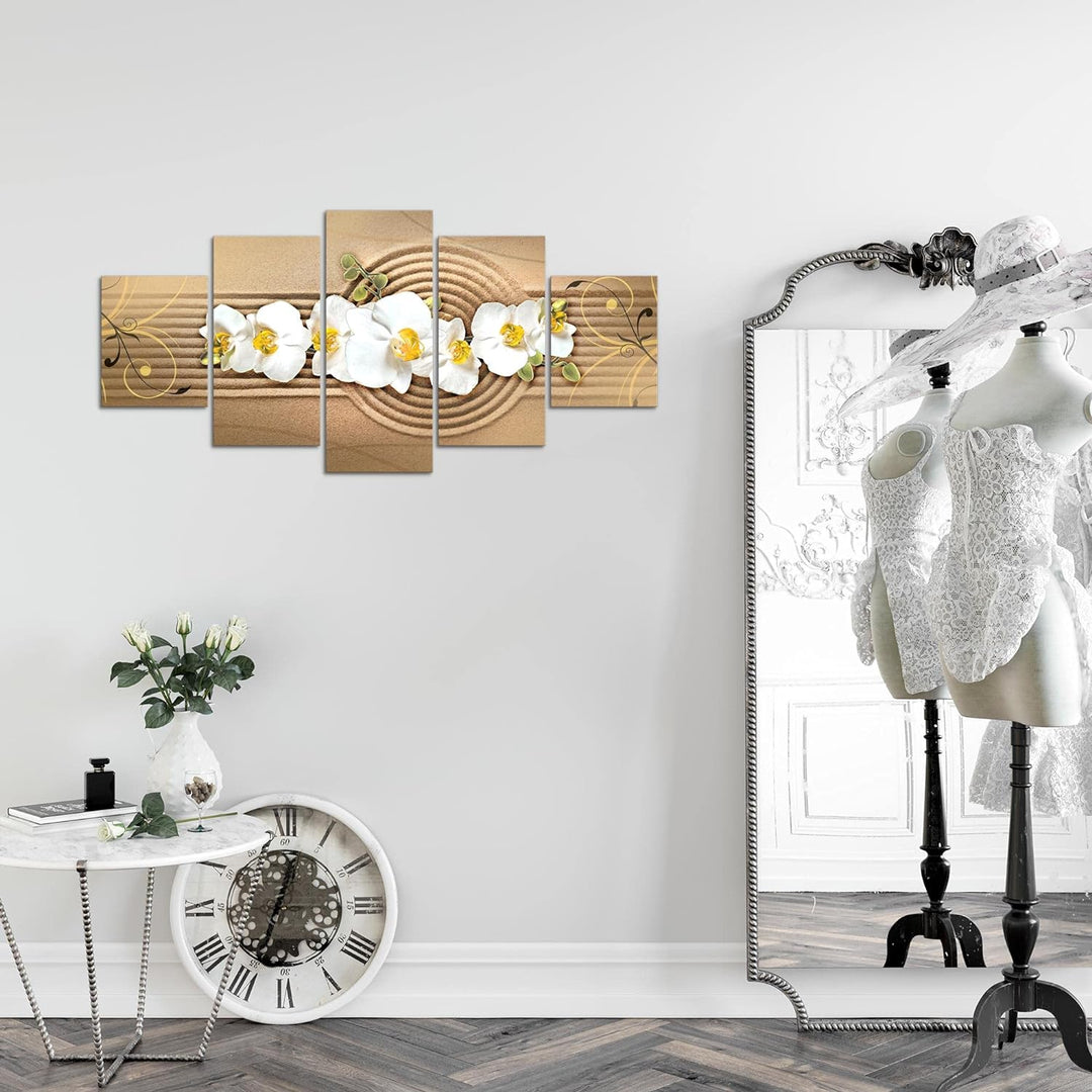 Runa Art Wandbilder Blumen Orchidee 5 Teilig Bild auf Vlies Leinwand Deko Wohnzimmer Sand Beige Brau