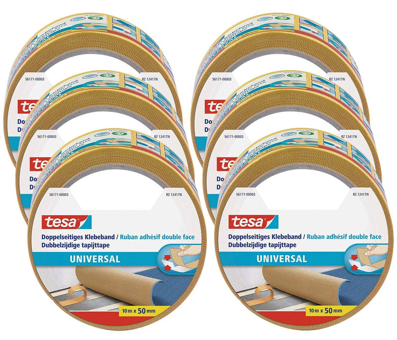 tesa Doppelseitiges Klebeband Universal im 6er Pack - je 10 m & pack 64014 - Geräuscharmes Paketkleb