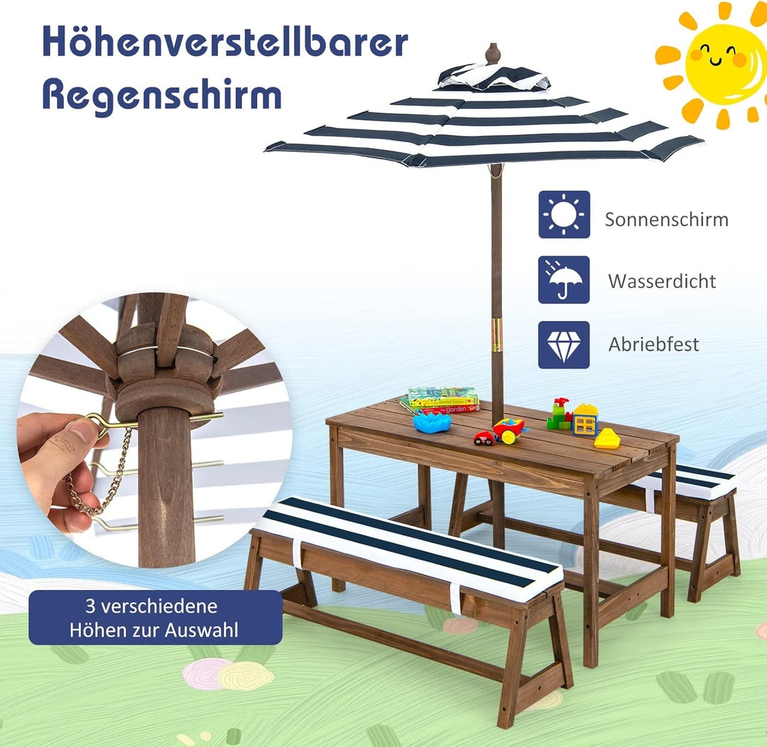 GOPLUS Kindermöbelset, Gartentischset mit 2 Bänken, 3-Fach Höhenverstellbarer Sonnenschirm, Tannenho