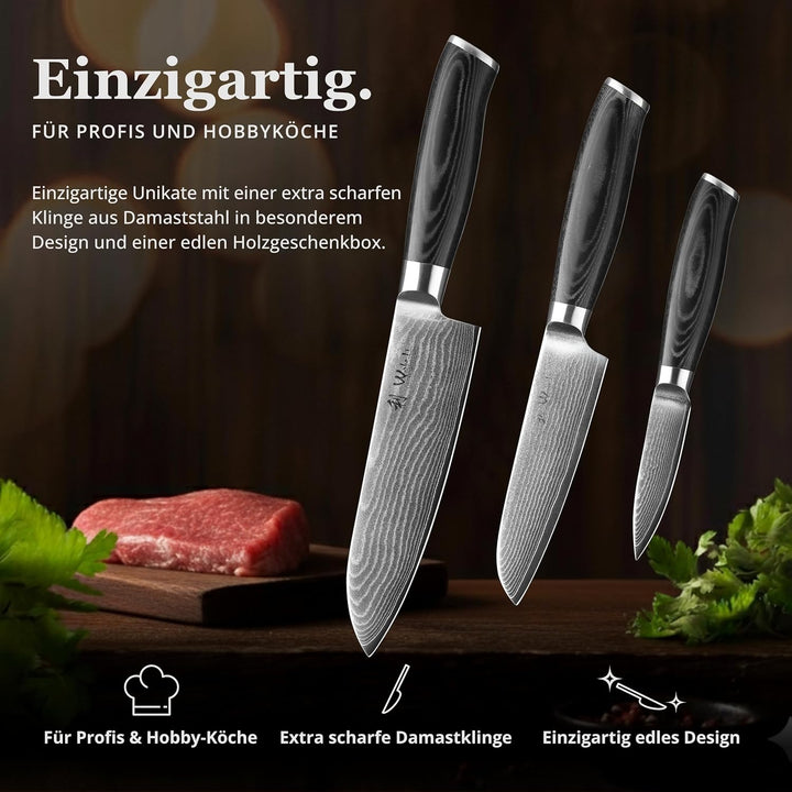 Wakoli 3er Damastmesser-Set mit Klingenlängen von 8,50 bis 17 cm extrem scharf aus 67 Lagen I Hochwe