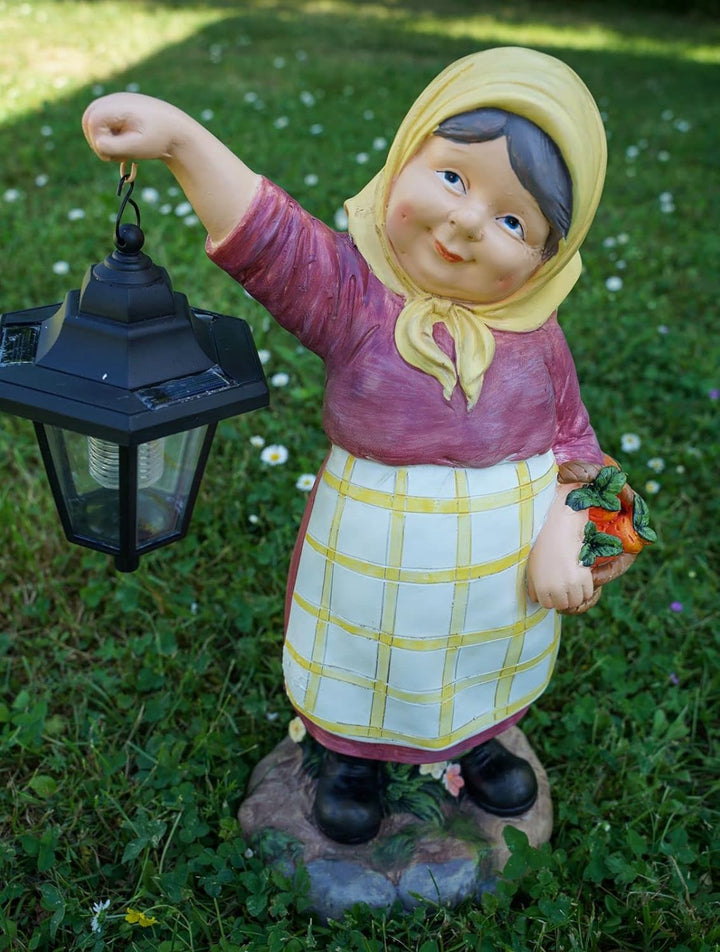 Kremers Schatzkiste Oma Edeltraud mit Solarlaterne und Korb Figur Gartenfigur 38 cm Garten Ältere Da