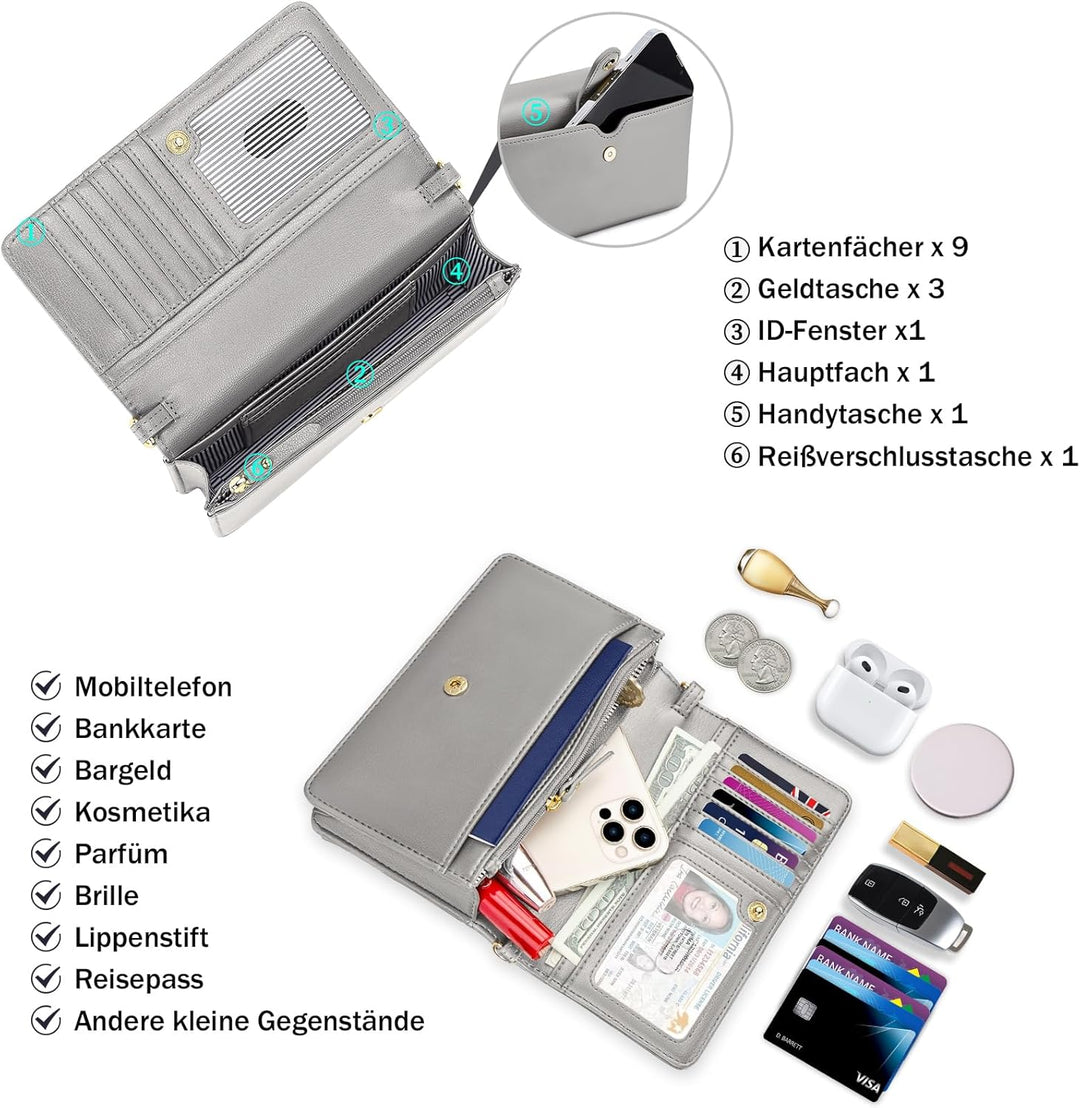 Nuoku Handytasche Zum Umhängen Damen mit Geldbörse, Crossbody Bag mit Funktionelle Fächer Grau, Grau