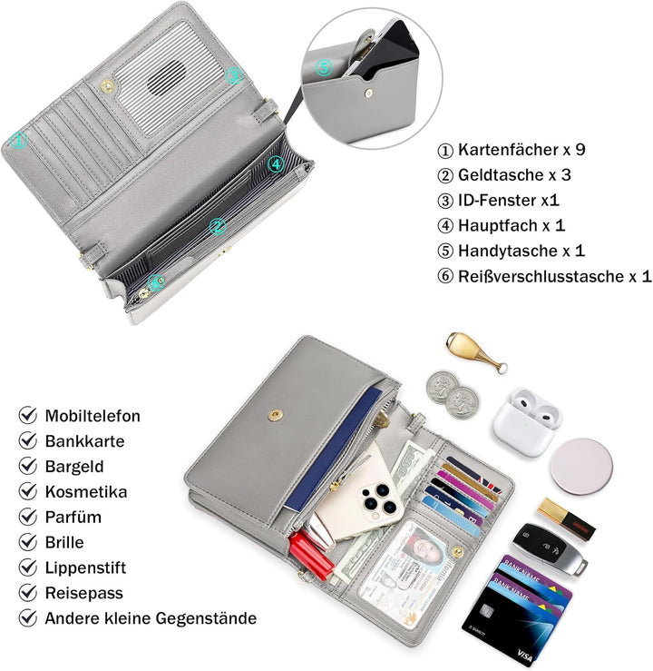 Nuoku Handytasche Zum Umhängen Damen mit Geldbörse, Crossbody Bag mit Funktionelle Fächer Grau, Grau
