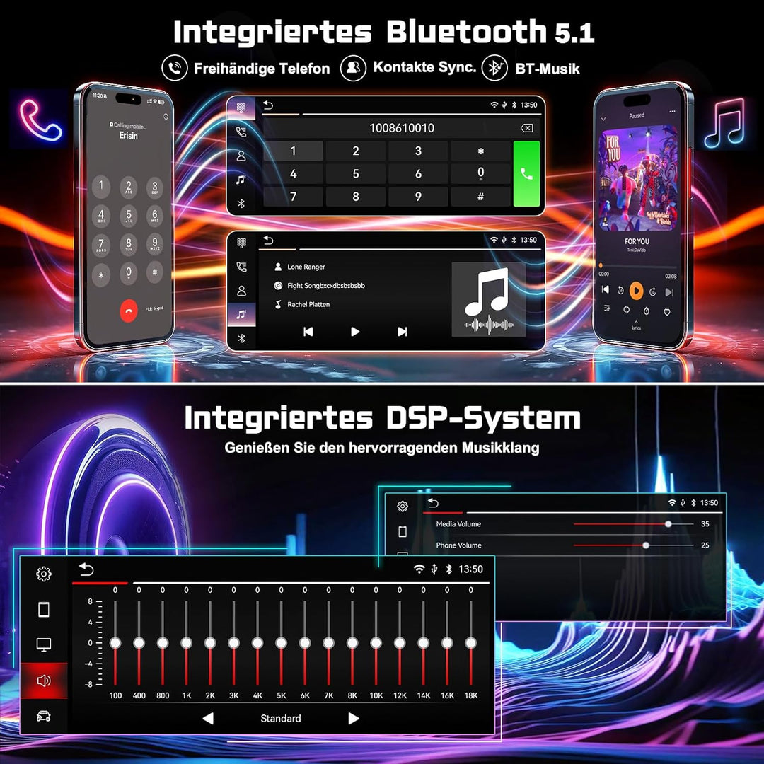 Erisin 8-Kern 4GB+64GB Android 14 Autoradio Bluetooth GPS Navi für VW T5 Multivan Touareg Wireless C