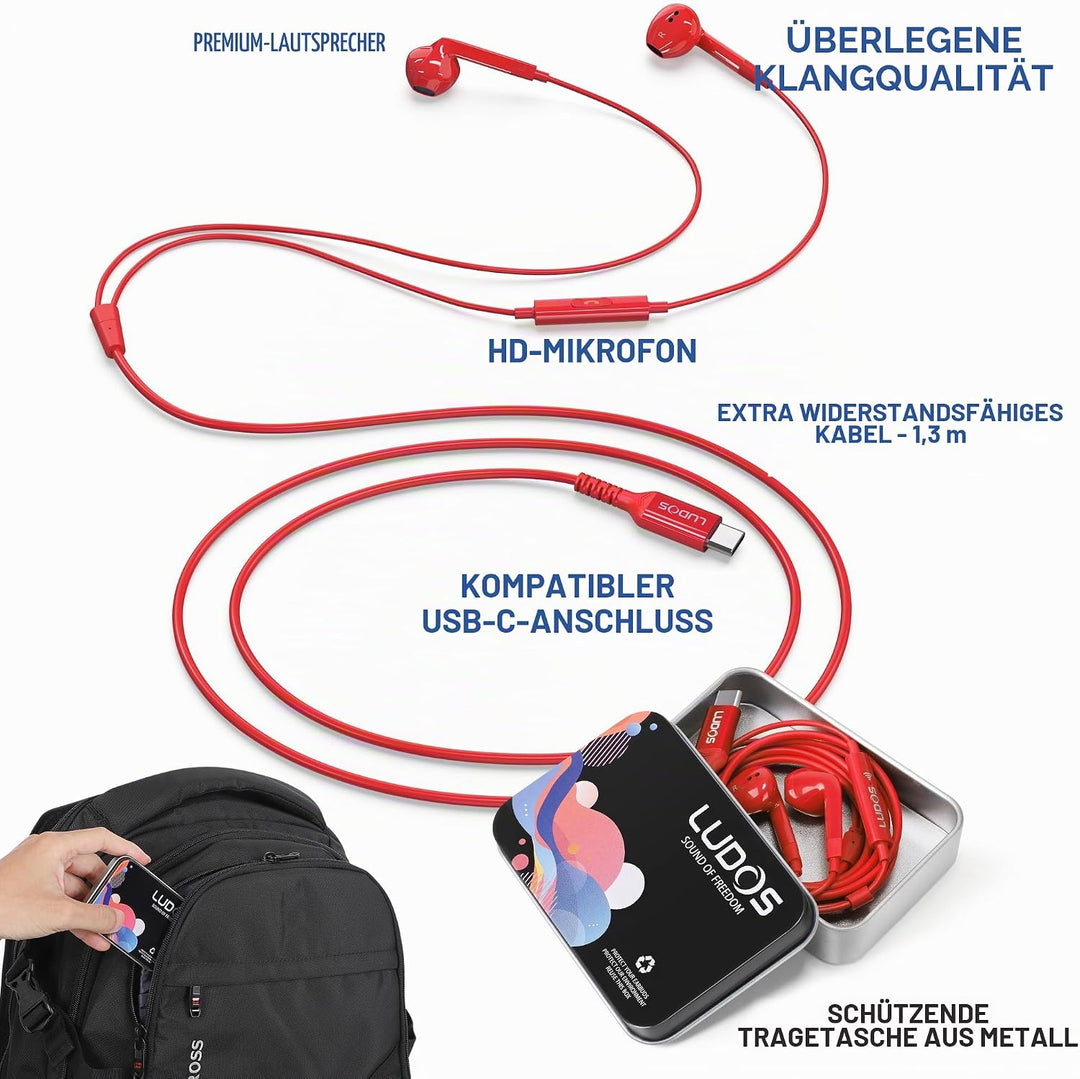 LUDOS FEROX USB C Kopfhörer, 5 Jahre Garantie für iPhone 16 15 Pro Max Plus Samsung Galaxy S24 S23 U