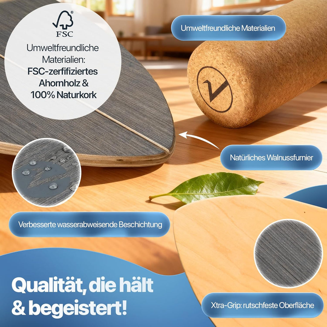 Balance Board aus Holz in – mit abgerundeten Ecken – inkl. Rolle für Neuromuscular Response Training