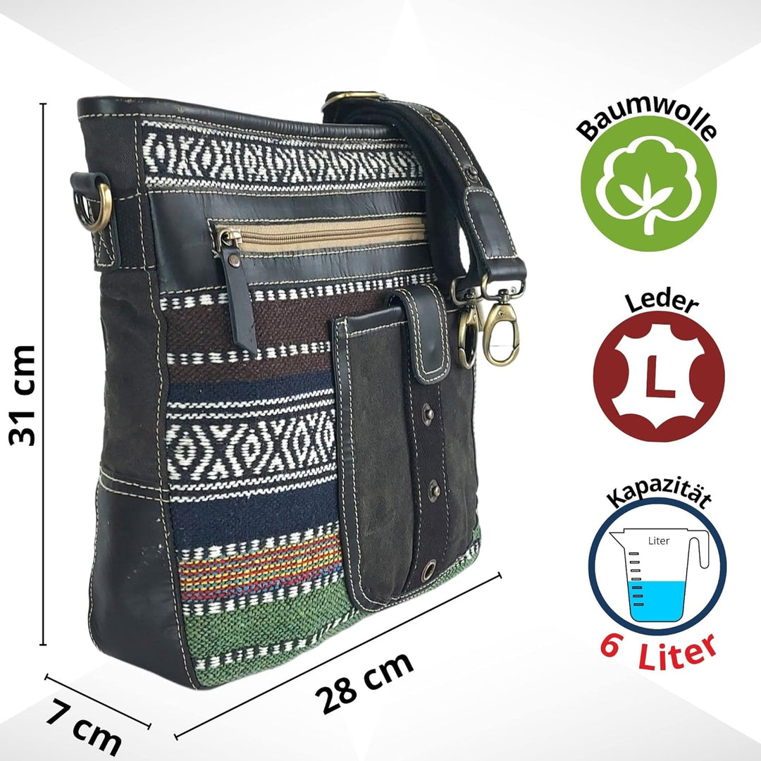 Sunsa Damen Umhängetasche. Crossbody Bag mit Streifen Design. Schultertasche aus Baumwolle & Leder.