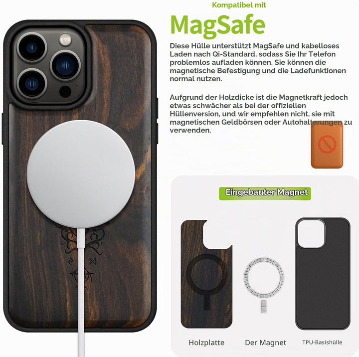Carveit Holz Cover für iPhone 15 Pro Max hülle, Kompatibel mit Magsafe Silikon Stossfeste Cover, Mag