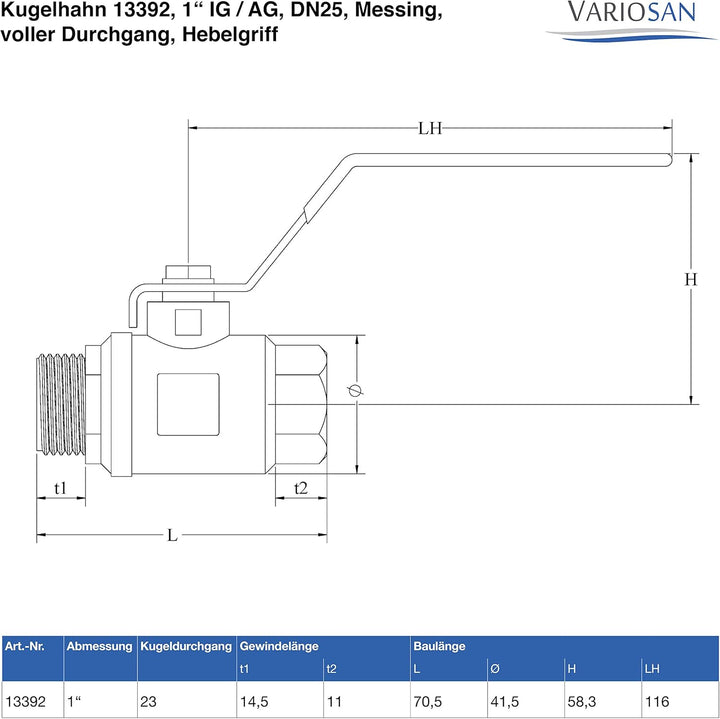 VARIOSAN Kugelhahn 13392, 1" IG/AG, DN25, Messing, voller Durchgang, Hebelgriff, 1"