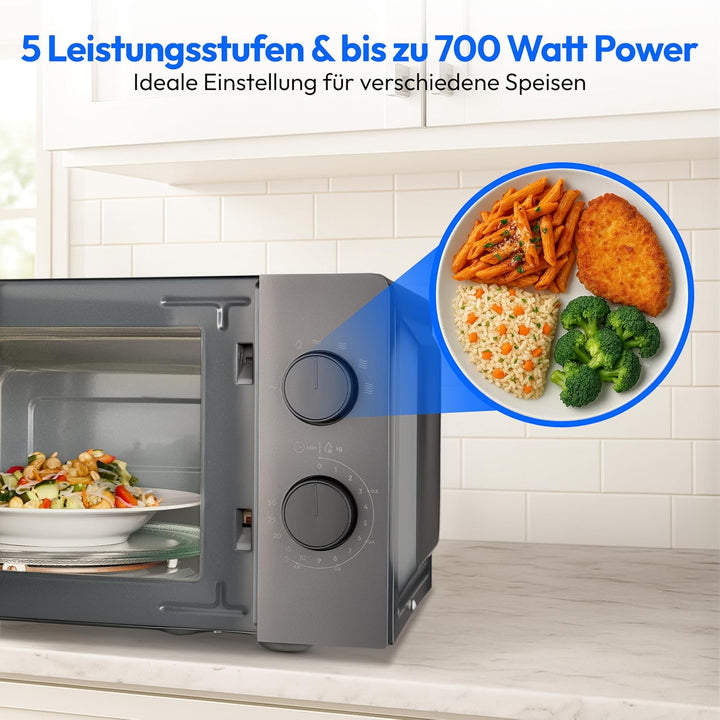 MEDION Mikrowelle klein (20 Liter, 700 Watt kompakt und platzsparend, 5 Mikrowellenstufen, Auftaufun