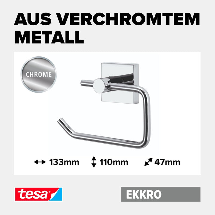 tesa EKKRO Toilettenpapierhalter, verchromt - WC-Rollenhalter zur Wandbefestigung ohne Bohren, inkl.