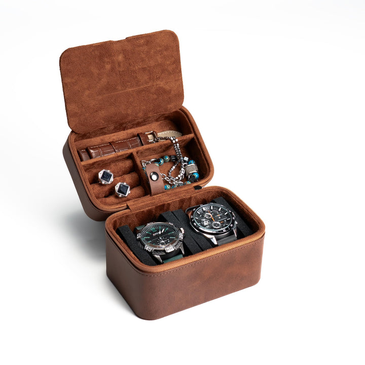 AUKURA Leder-Uhrenetui, Schmuck-Organizer für Reisen und Aufbewahrung, 2-lagiger Organizer (2 Fächer
