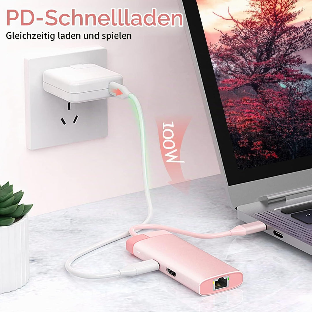 USB C Hub, USB C Adapter 6 in 1 mit Gigabit RJ45 Ethernet, 3×USB 3.0, 4K HDMI und 100W PD, Dockingst