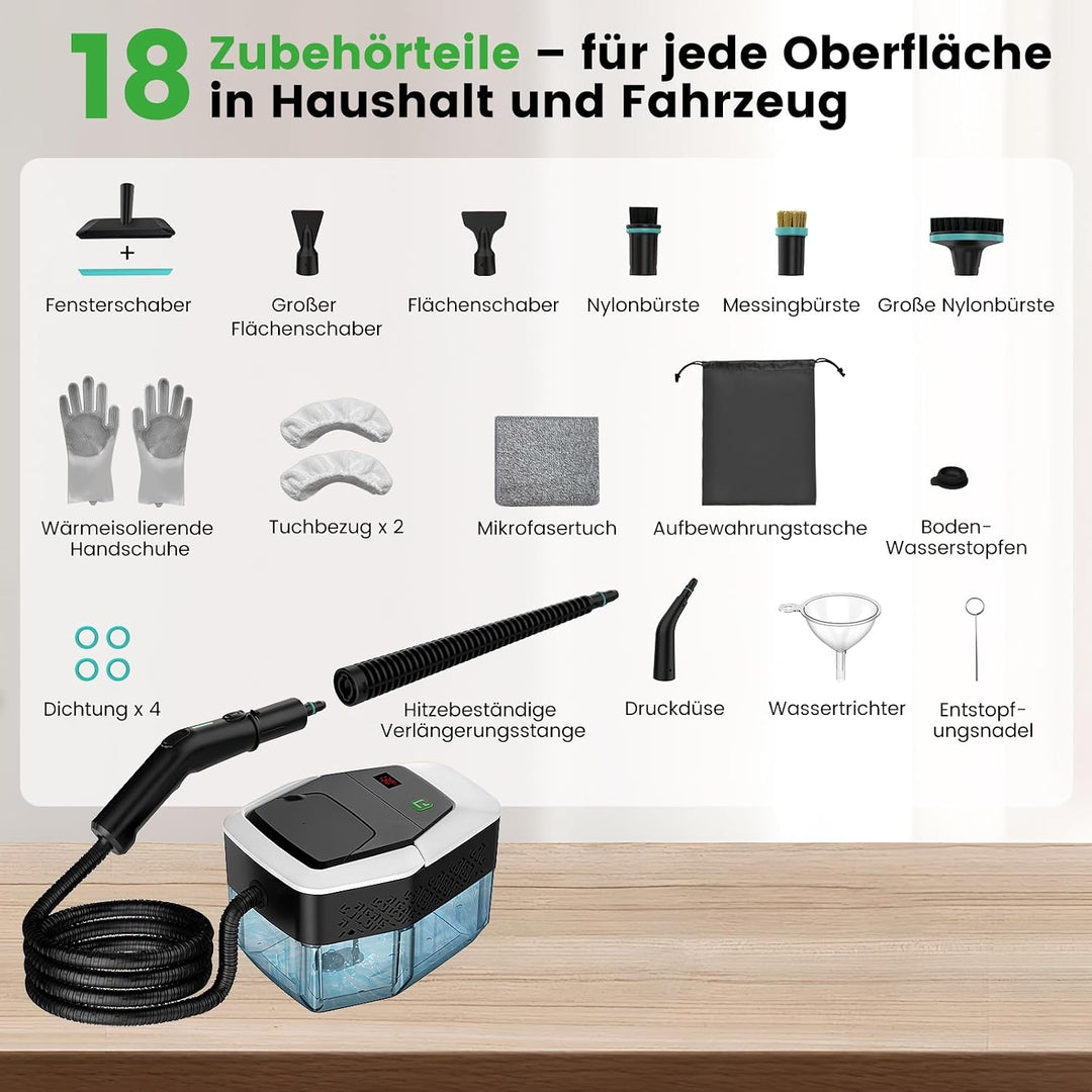 Granarbol 1.8L Dampfreiniger, 2500W Steam Cleaner - 8s Heizung 275°F/145°C, Entfernt Fett mit 18PCS