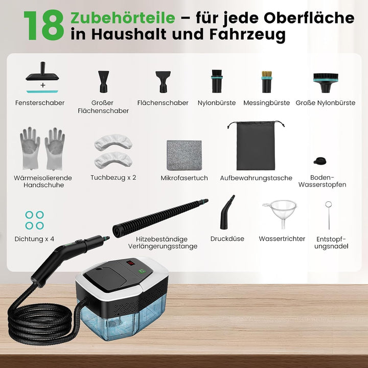 Granarbol 1.8L Dampfreiniger, 2500W Steam Cleaner - 8s Heizung 275°F/145°C, Entfernt Fett mit 18PCS